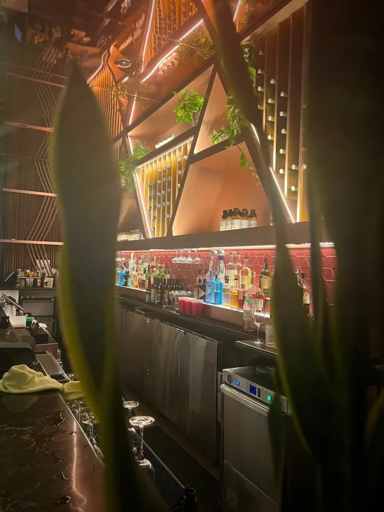The bar area with plants and drinks at Planta Chicago, vegetarian friendly food in Chicago