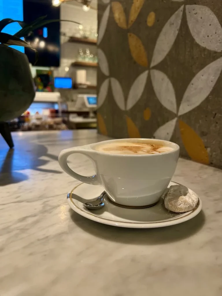 Cappuccino at Goddess & Baker, Streeterville, Chicago in a white coffee mug with a sweet almond biscuit and silver spoon on the side. They serve one of the best vegetarian friendly food in Chicago