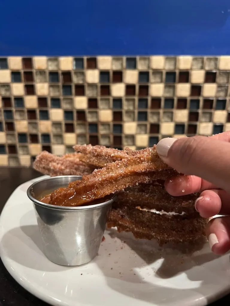 Churros being dipped into Cajeta at XOCO, Chicago. Roasted Vegetable enchiladas at XOCO, Chicago