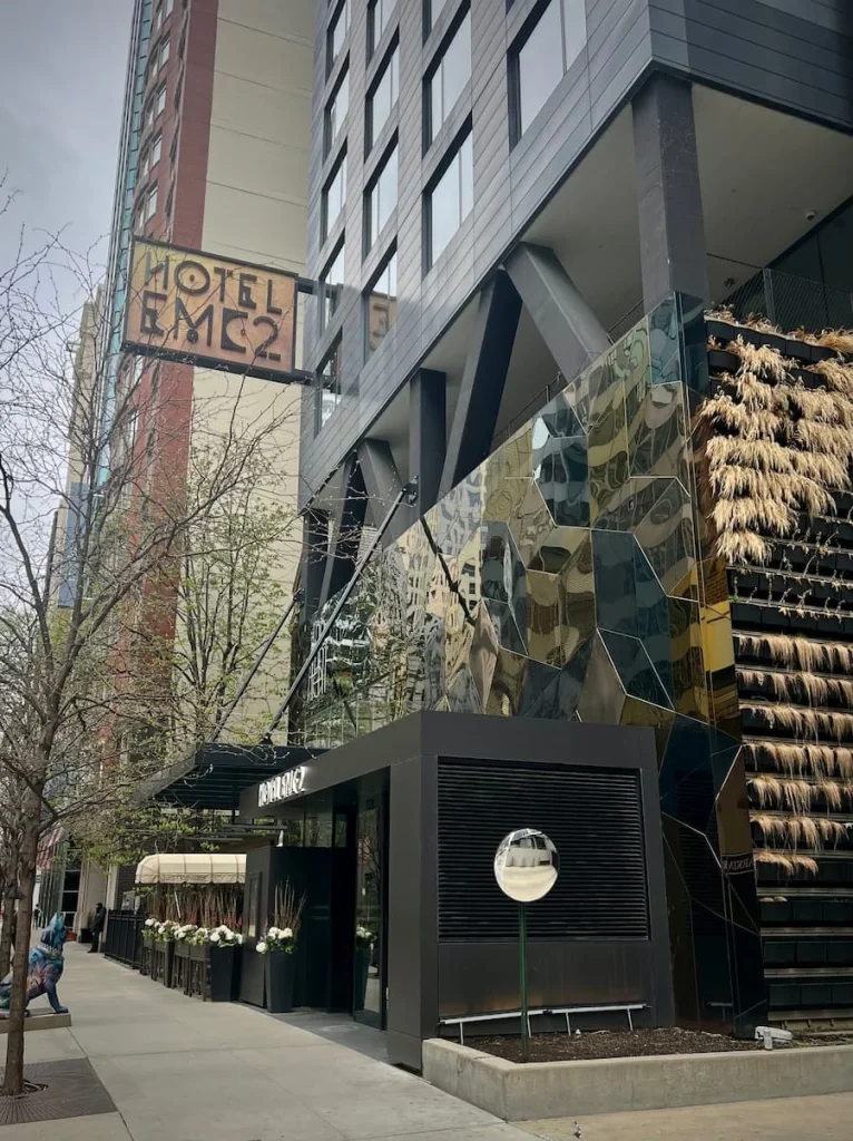 Exterior of the Hotel EMC2, from a side view with growing live plant wall on the side, Streetervill, Chicago
