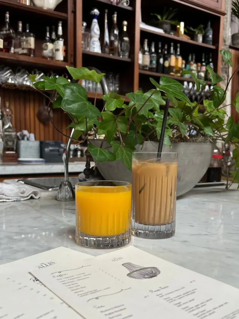 orange juice and iced coffee at Allis at Soho HOuse, Chicago