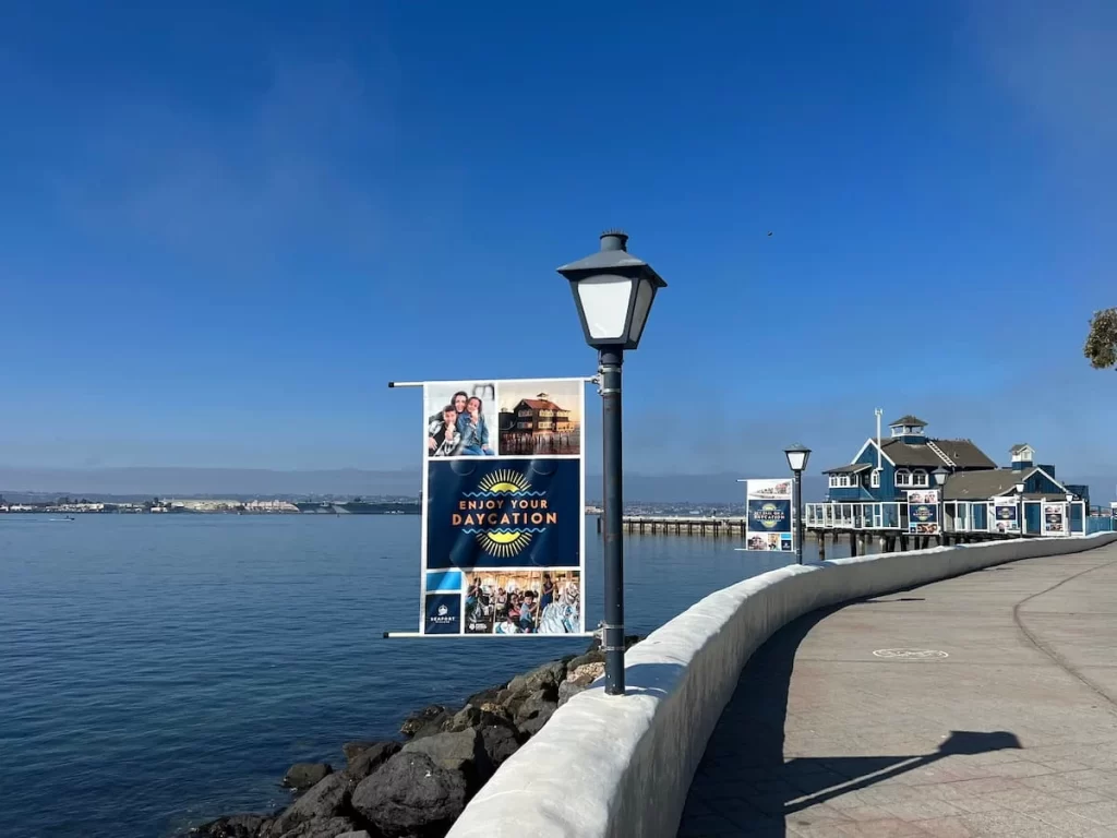 Visitors Guide to San Diego: bay front with old fish market building at Seaport Village, San Diego