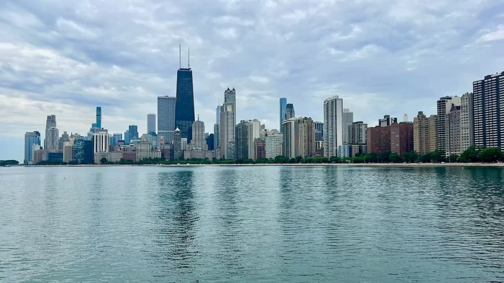 North Avenue Beach, Chicago with skyscraper skyline in the background