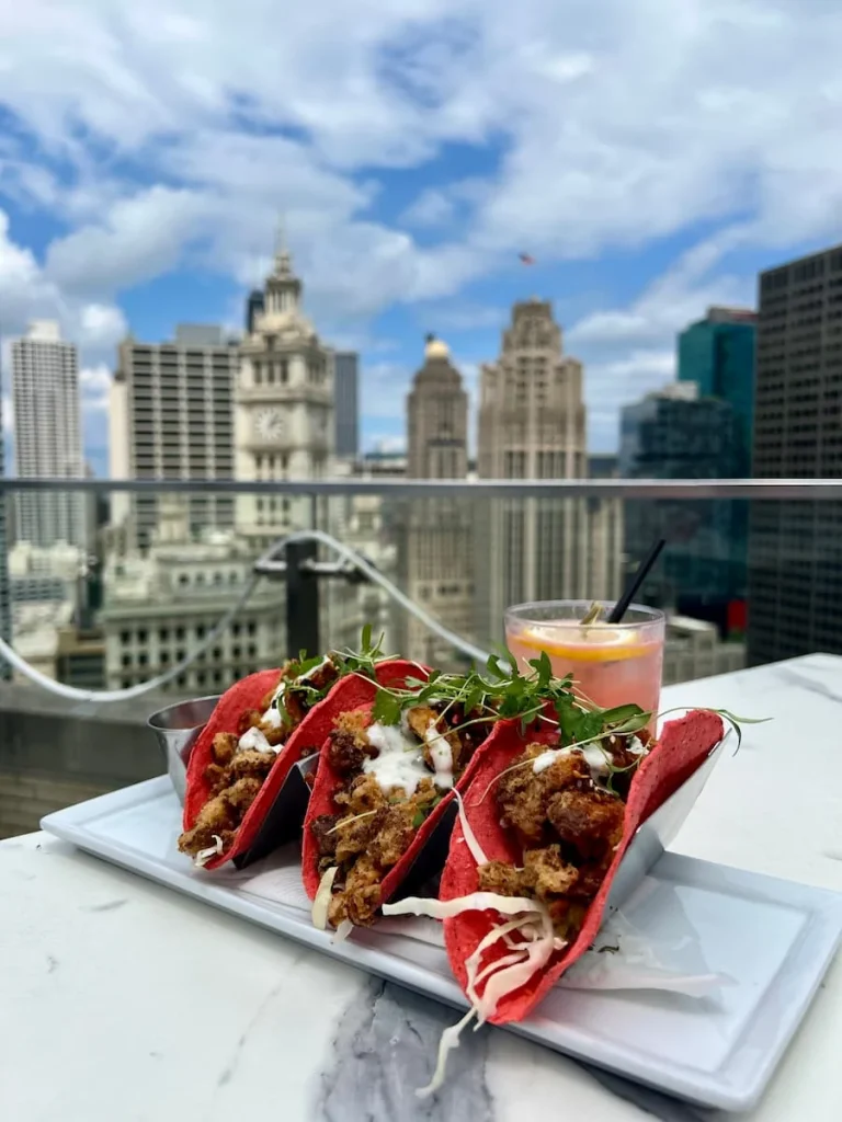 Vegetarian friendly food in Chicago - Pink vegan tacos at LondonHouse Rooftop