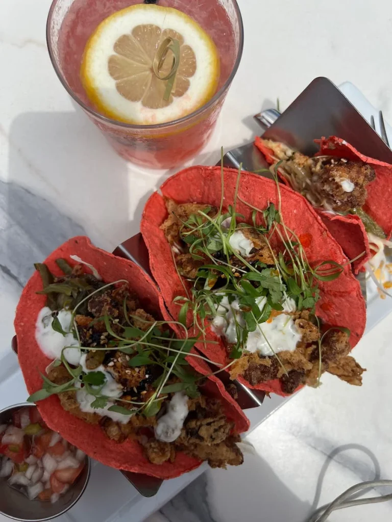 Vegetarian friendly food in Chicago - Top lay of Pink vegan tacos at LondonHouse Rooftop