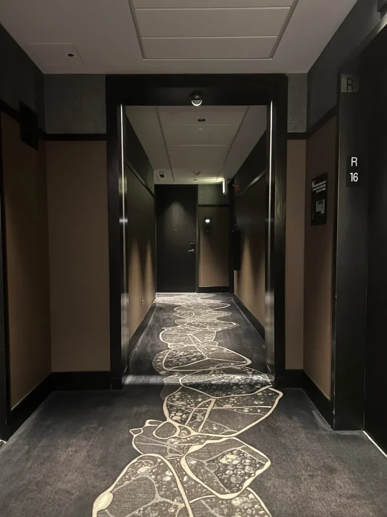 Level 16 corridor with double helix design on the carpet at Hotel EMC2, one of the cool and quirky boutique hotels in Chicago