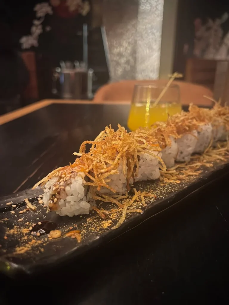 A plate of hand rolled maki rolls with sweet potato at PLANTA, Chicago, vegetarian friendly food in Chicago