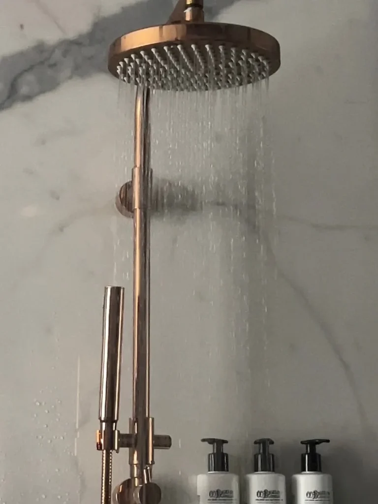 The gold accented waterfall shower head in the Queen Room of the Hotel EMC2, with the pumps of the Bigelow body products showing at one of the cool and quirky boutique hotels in Chicago