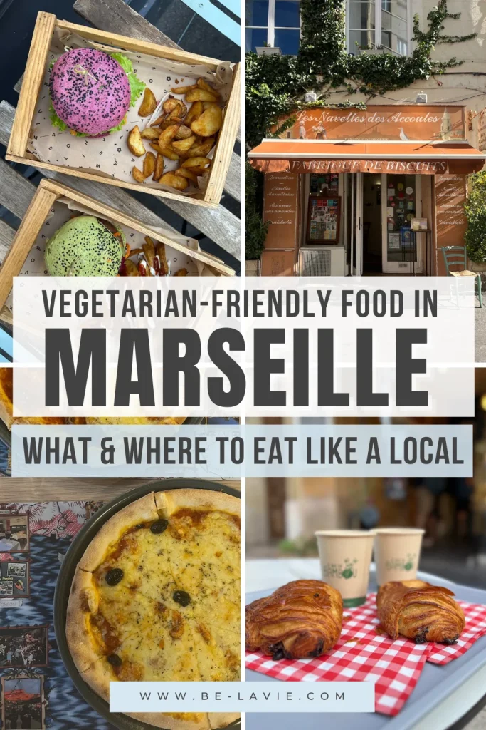 Pinterest pin for Vegetarian-friendly food in Marseille with 4 images and text overlay