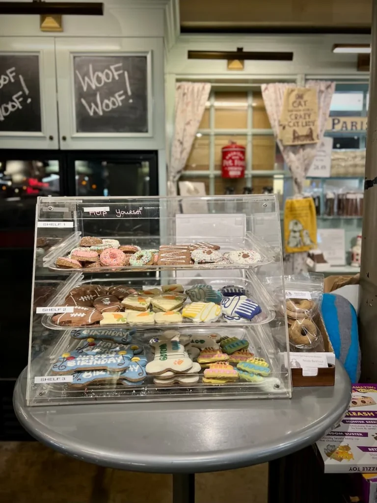 Dog treats store at the French Market, Chicago. A cabinet full of different types and colours of dog treats and chews.