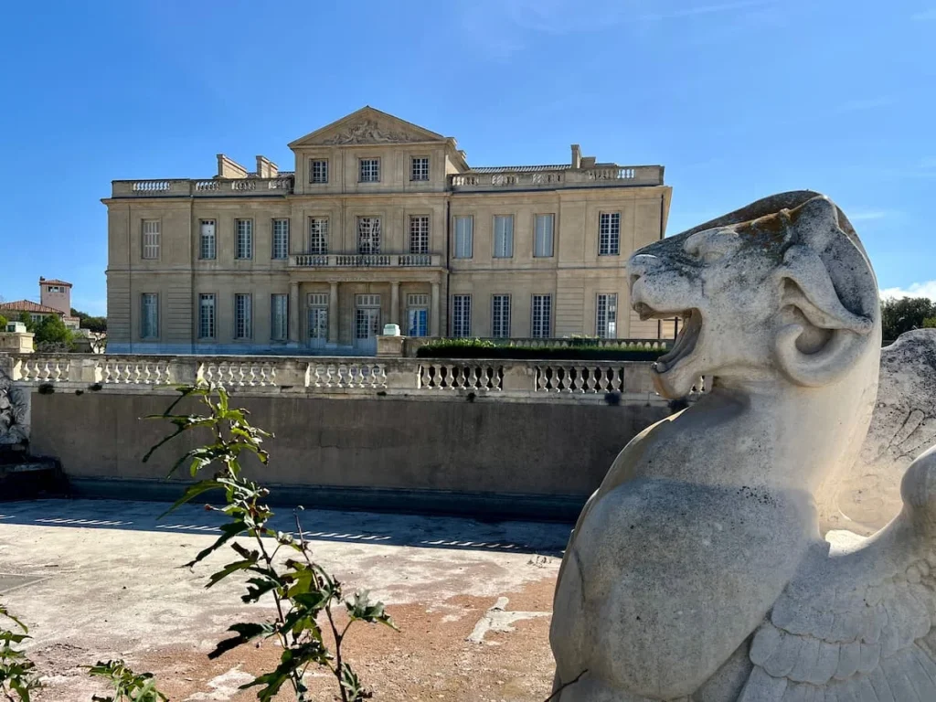 Parc Borely in Marseille with the chateau and statues to either side of the buildings.