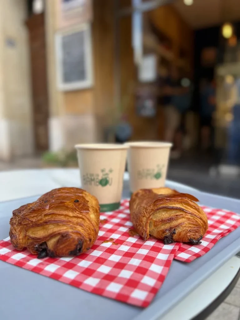 Coffees and pain au chocolat at La Patisseries des Marseillais, Marseille