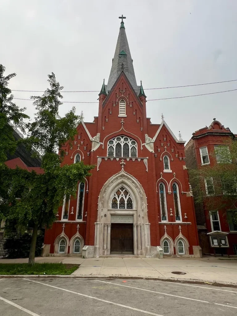 The front view of the Norwegian Lutheran Church in Logan Square. Chicago made from red brick.