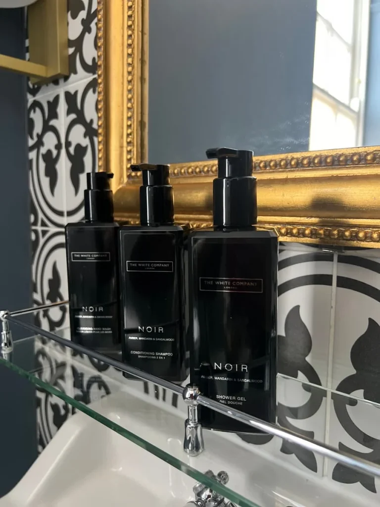Noir by The White Company bath products in bottles at St Martins Lodge, Leicester