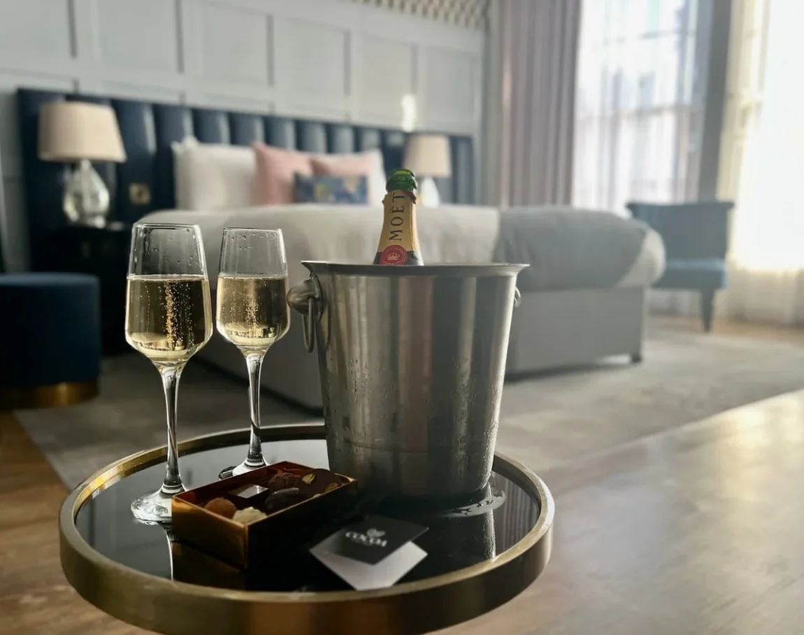 Moet & Chandon Champagne with cocoa Amore chocolates on table at St Martins Lodge, Leicester