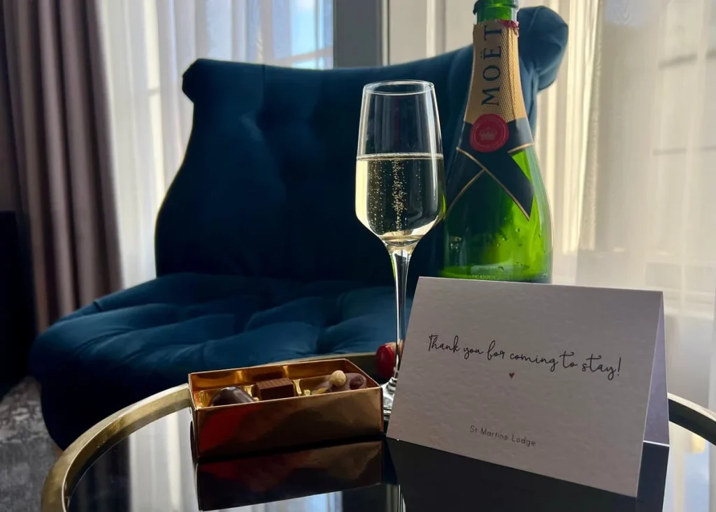 Thankyou for staying at St Martins Lodge card with champagne and chocolates, Leicester