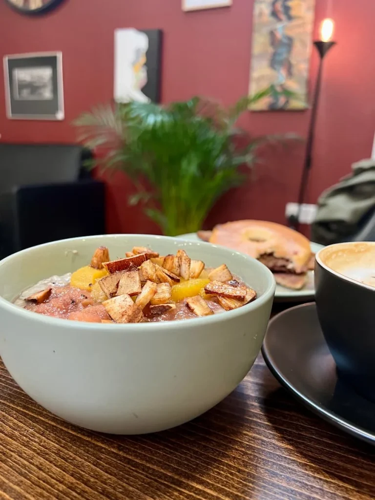 Banana porridge with poached mango and coconut at Kings Coffee House, Leicester