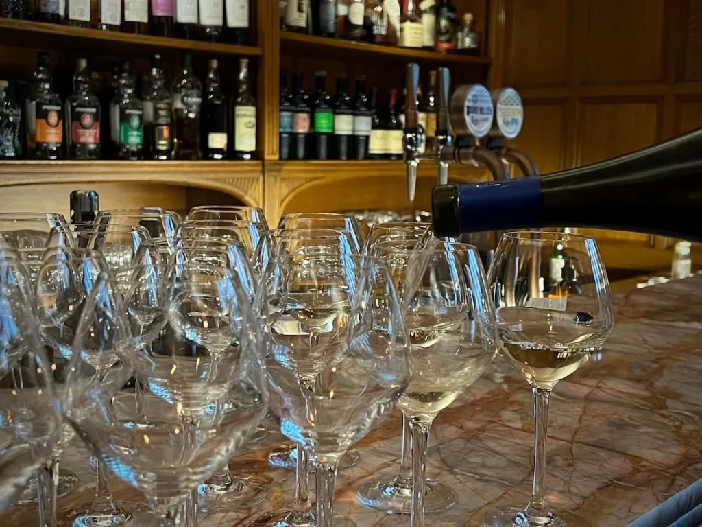 Wine glasses at bar for the informal wine tasting