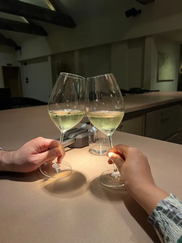 Cheers with two glasses of wine at Grace & Savour,  Hampton in Arden