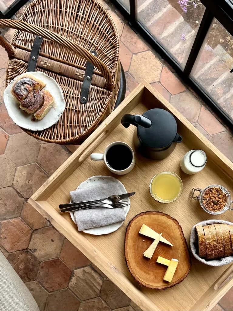 Breakfast hamper contents flat lay at Grace & Savour suite , Hampton in Arden