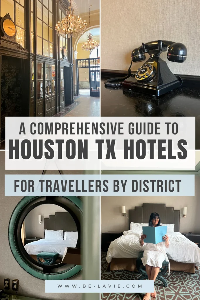 Best places to stay in Houston by neighbourhood Pinterest Pin with 4 images overlayed with text