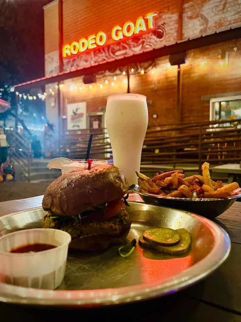 Vegetarian food in Houston: Rodeo Goat vegan burger, punched fries, vanilla milkshake and Shenanigans cocktail