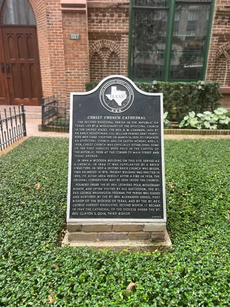 3 days in Houston: Christ Church Cathedral plaque in garden area