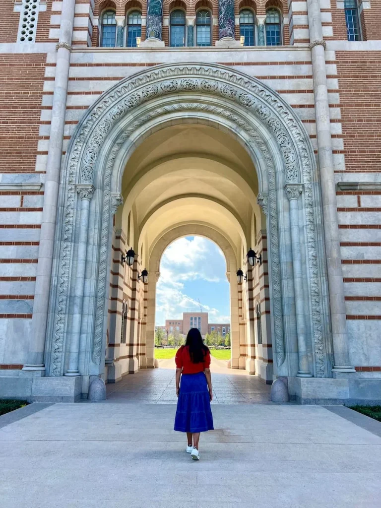 3 days in Houston: Lovett Hall with Bejal walking through at Rice University