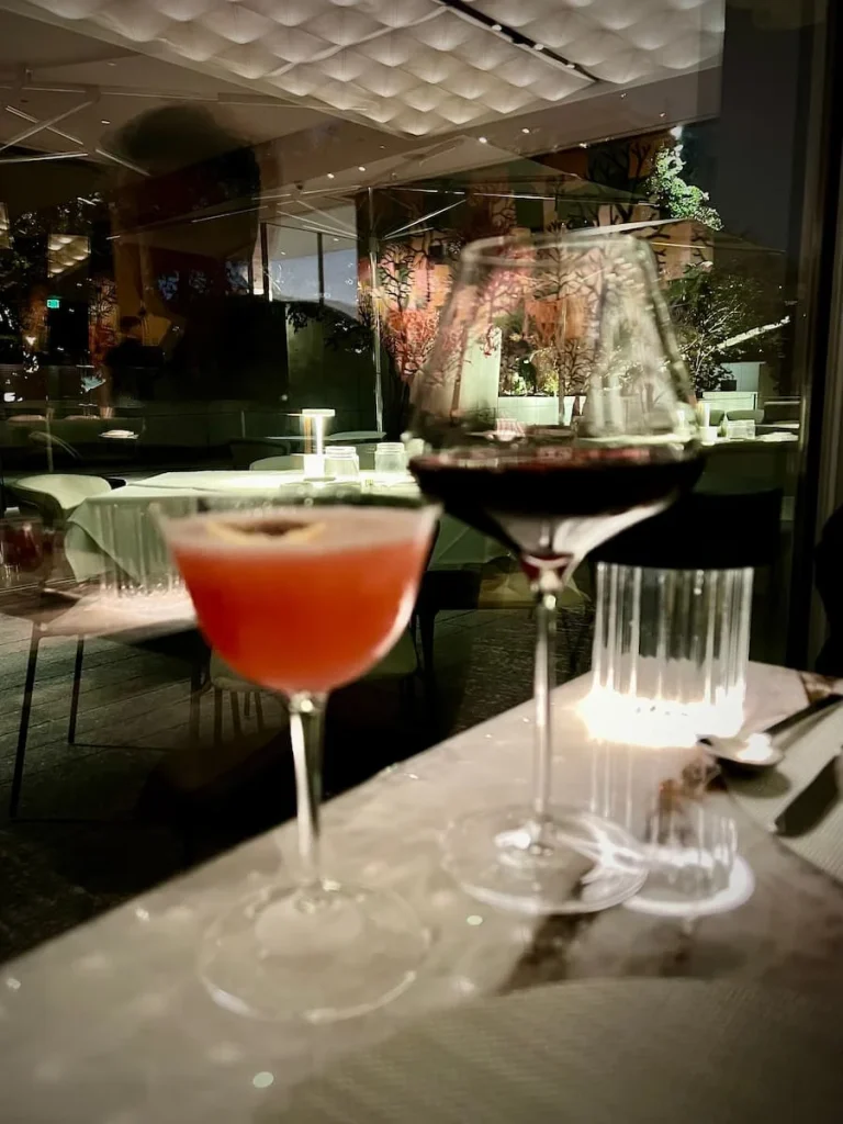 Vegetarian food in Houston: Le Jardinier cocktail and red wine