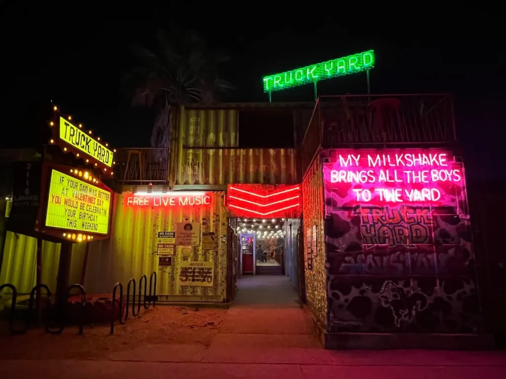 Truckyard, Houston entrance with neon lights and fun sayings
