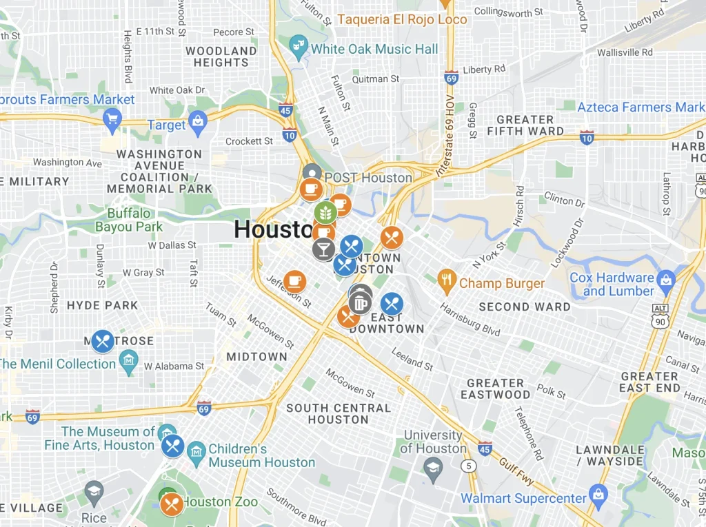 Map of vegetarian restaurants in Houston