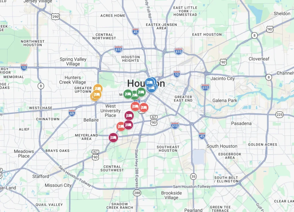 Hotels in Houston by neighbourhood Google MapHotels in Houston by neighbourhood Google Map. The neighbourhoods are marked with different coloured beds corresponding to hotels.
