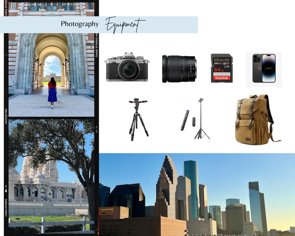 Photo locations in Houston: Photography equipment graphic with affiliate items