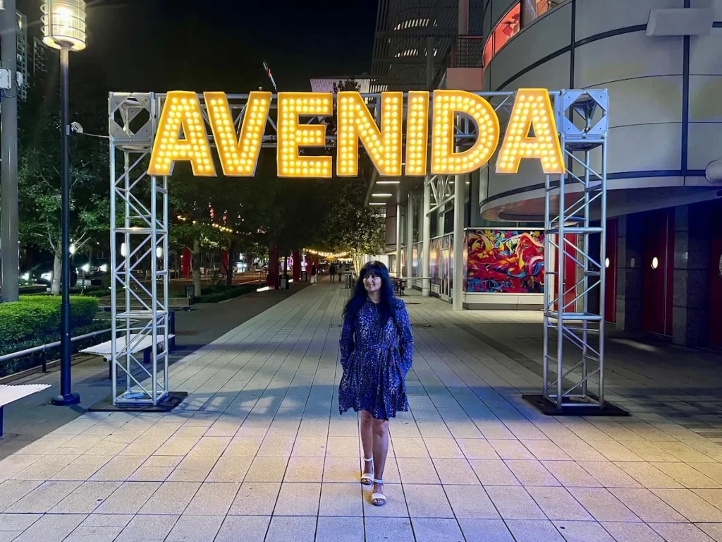 Photo locations in Houston: Avenida de las Americas sign illuminated with Beja walking underneath 