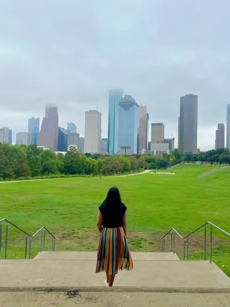 Sustainable Houston Guide: Nau Family Pavillion, Hermann Park. Bejal looking out to downtown views