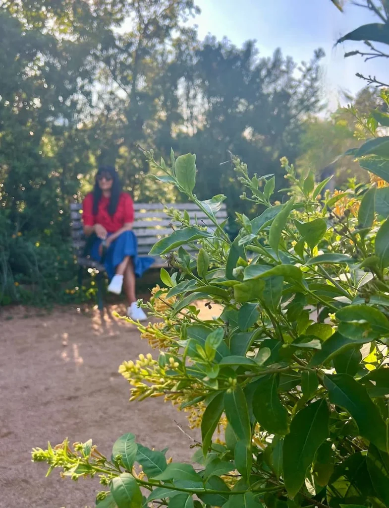 Photo locations in Houston: Bejal sitting on Bench in McGovern Centennial Gardens