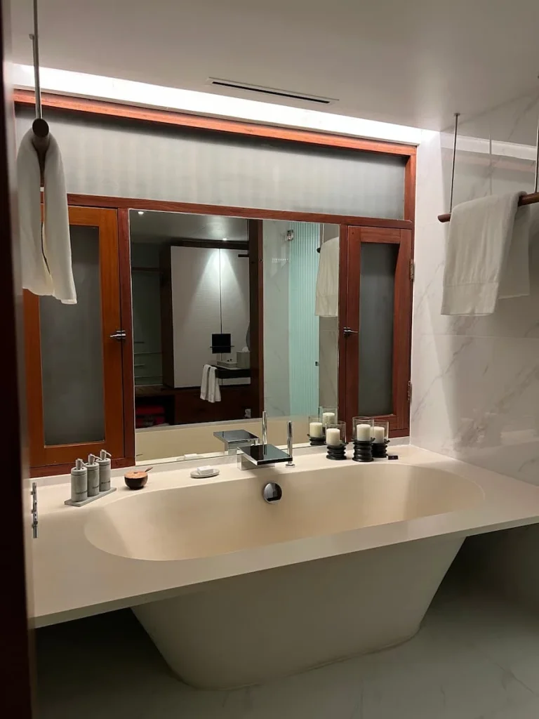 Bath with toiletteries in the premium room at The Datai Langkawi