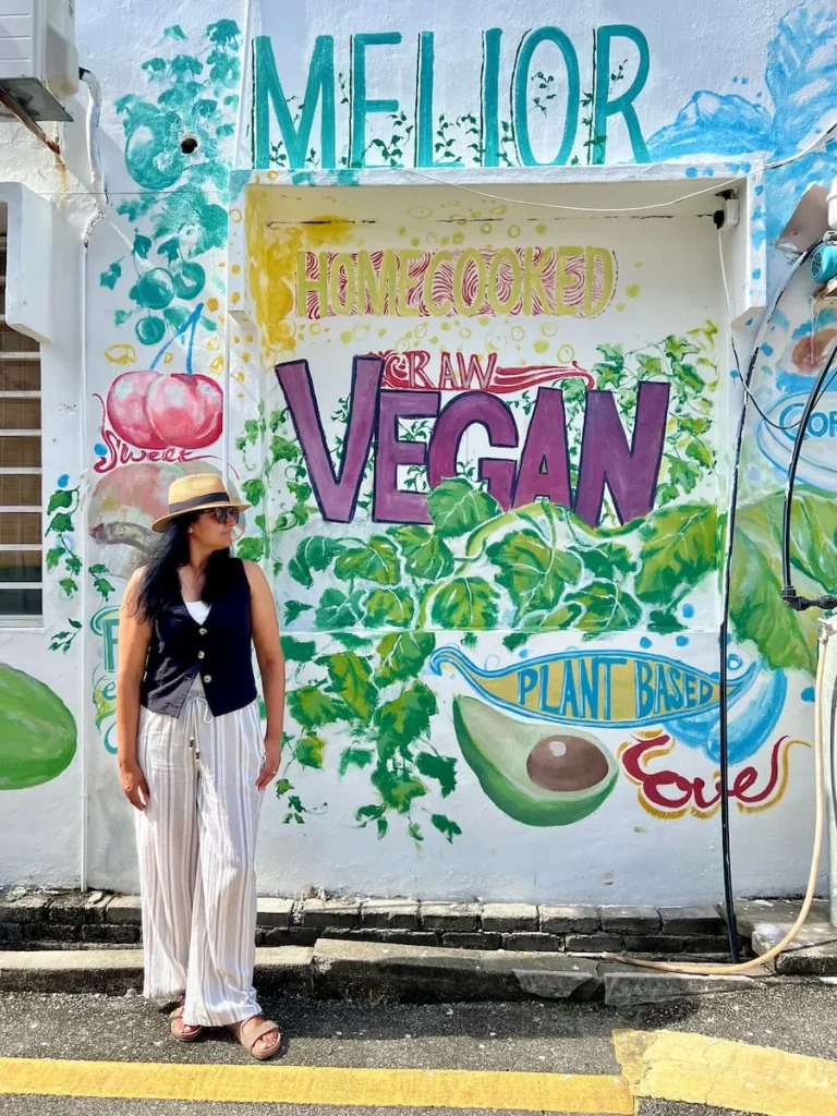 Vegan and vegetarian food in Langkawi: Bejal standing outside the street art at Melior Cafe