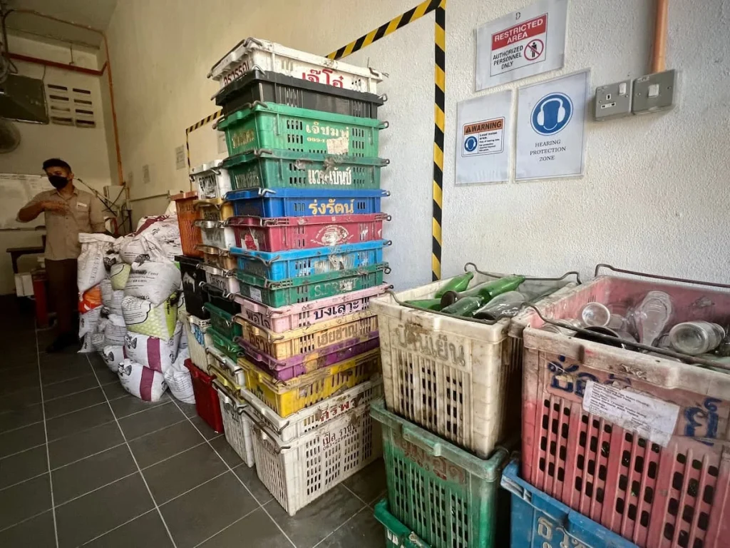 Sustainability at The Datai: Bottles waiting to be crushed at the Bottle Recycling Plant 