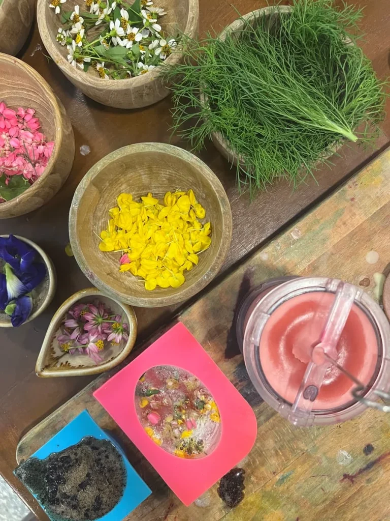 Candles and soaps with flowers and plants at the upcycling workshop at The Datai Langkawi