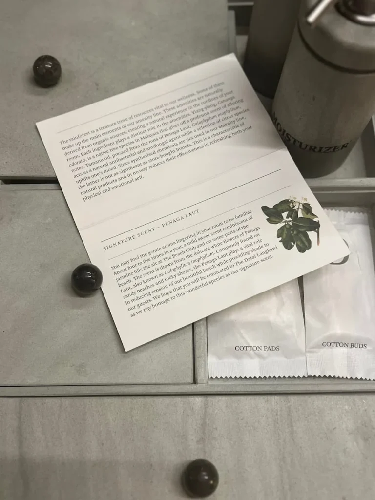 Datai signature toilletry scent leaflet in the premium room at The Datai Langkawi