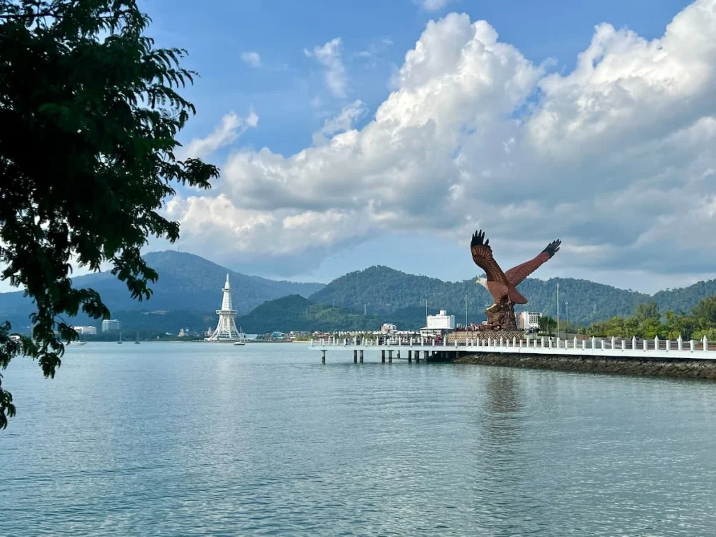 Things to do in Langkawi: Dataran Lang, Eagle square with Eagle statue and Maha Tower in the background