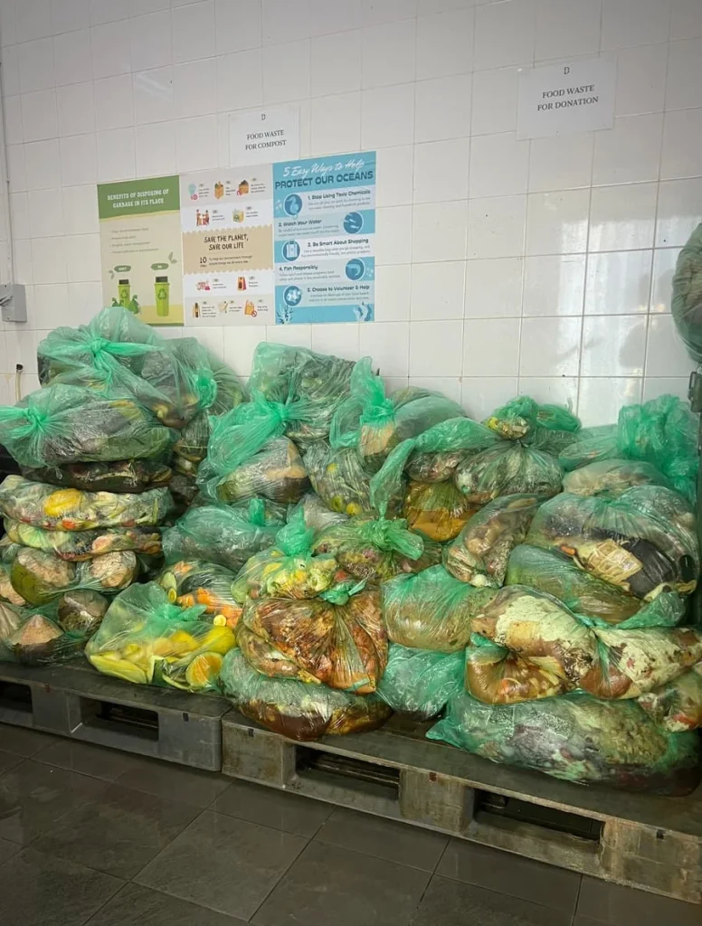 Food waste in bags ready to be donated to dog shelters in Langkawi at The Datai