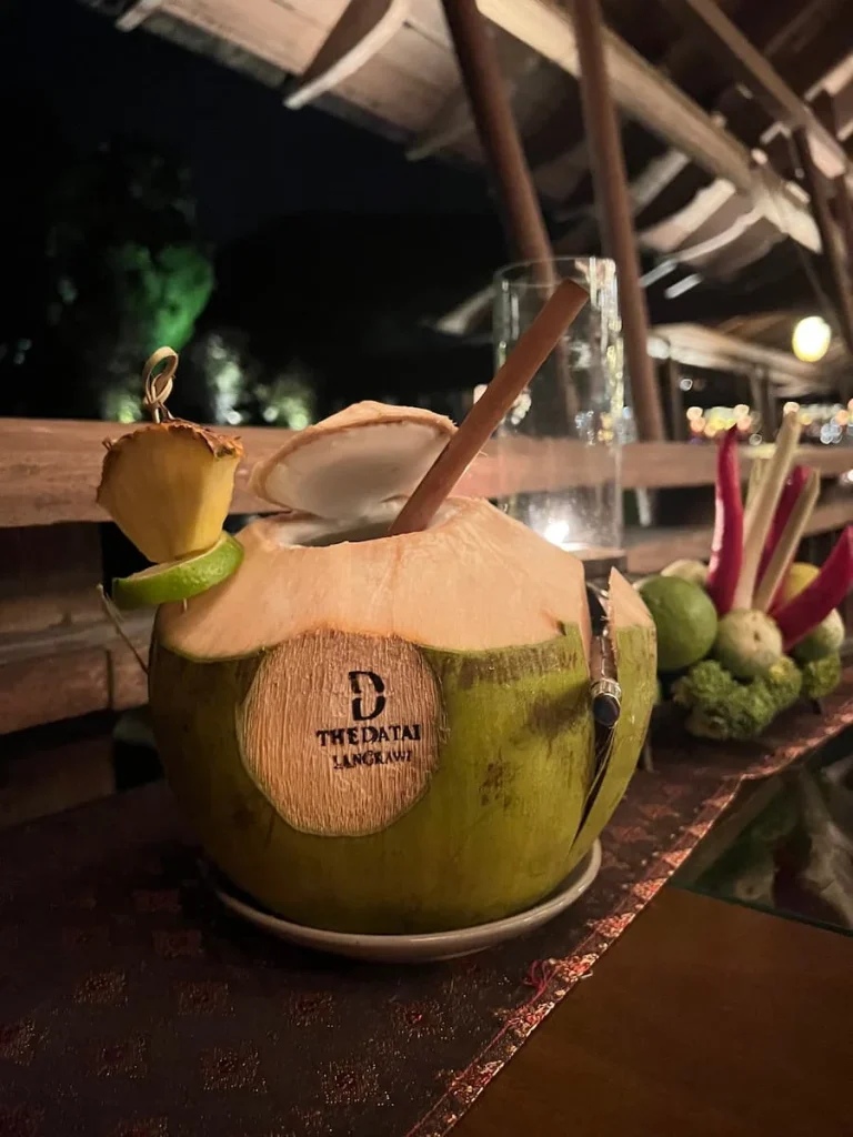 Vegan and Vegetarian food in Langkawi: Fresh coconut juice at The Pavillion, The Datai in Langkawi