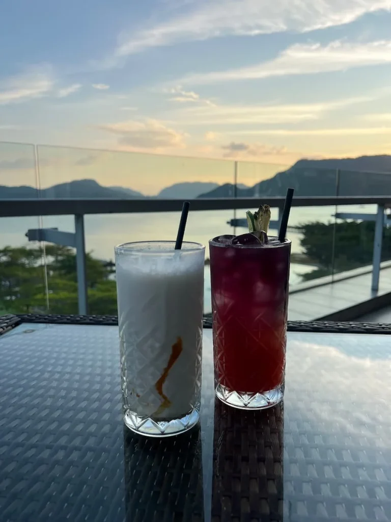 vegan and Vegetarian food in Langkawi: Mocktails with Andaman see in the background at Breeze, The Westin.
