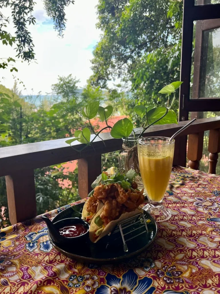 Vegan and Vegetarian food in Langkawi: Fresh juice and mushroom tacos on table with tree top views