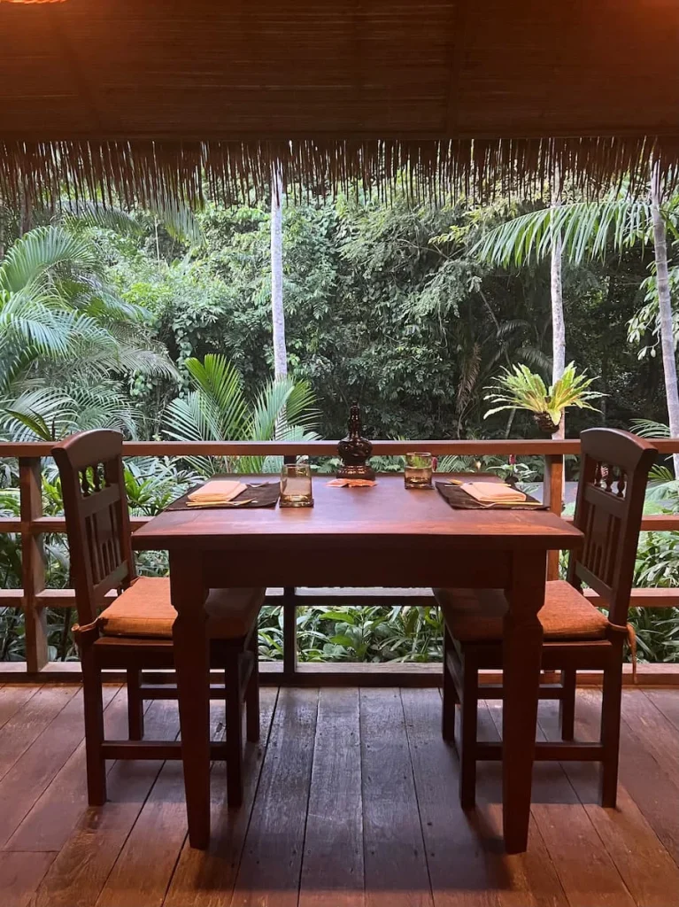 vegan and Vegetarian food in Langkawi: Opem air seat at The Gulai House, surrounded by trees and wildlife at The Datai, Langkawi.