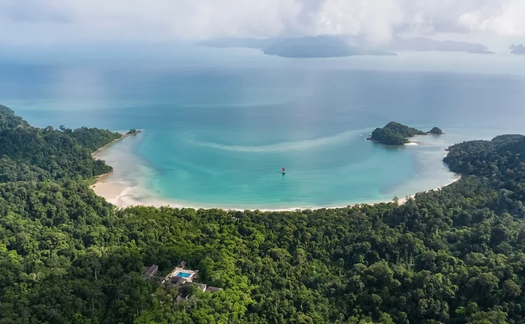 The Datai Langkawi - Resort aerial view of the bay and rainforest