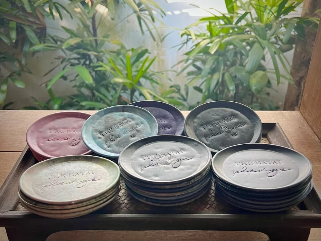 The Datai Pledge local artisanal products and plates with 'Datai Pledge' written on them at The Lab