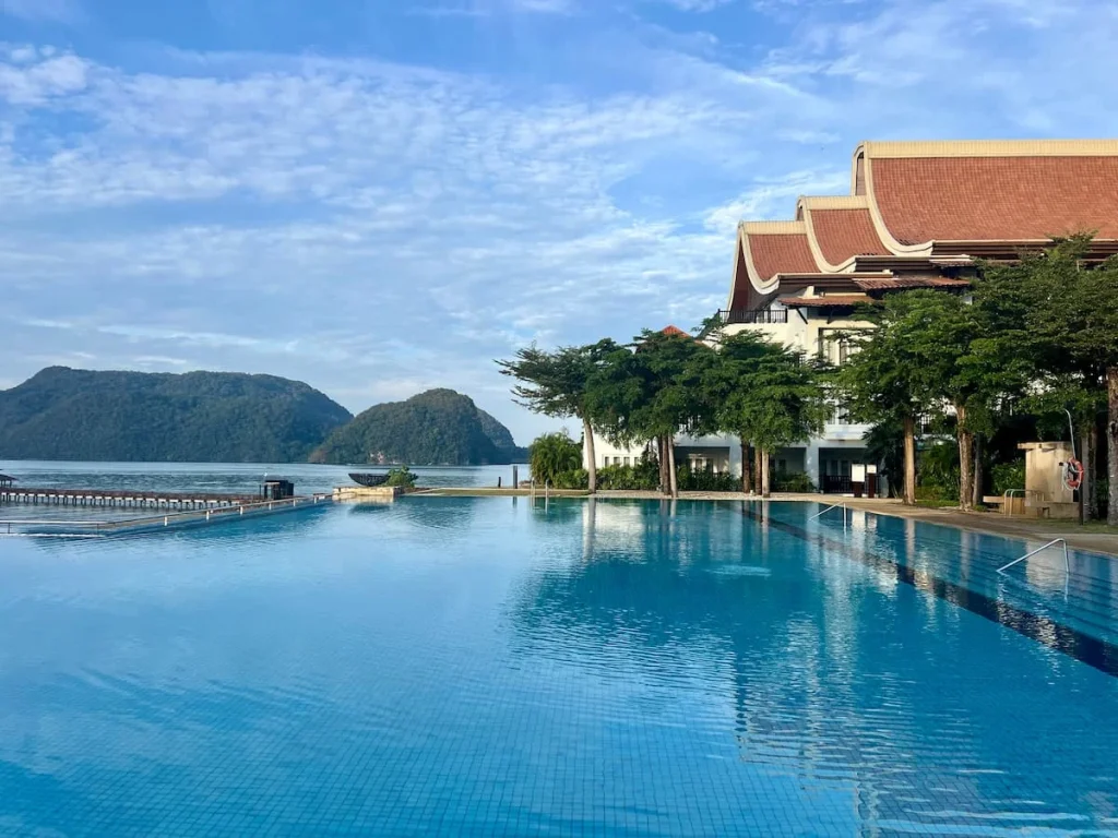 Things to do in Langkawi: The Westin Langkawi main pool and hotel with Andaman Sea and mountains